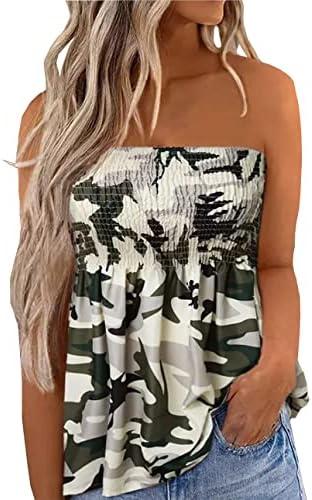 Floral Smocked Ruffled Strapless Bandeau Tank Women Summer Backless Tube Top Sleeveless Loose Holiday Shirts Blouse S