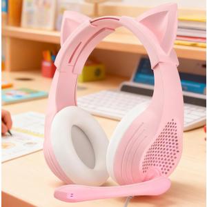 GIME Gaming Headset with Mic - Pink Cat Ears Wired Over Ear Headphones with Microphone - Compatible with Xbox, PS4, PS5, PC, Phones