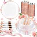 Nervure 175PCS Rose Gold Plastic Plates - Disposable Rose Gold Party Plates & Pre Rolled Napkins with Cutlery for 25 Guests, 50Plates, 75Silverware, 25Cups, 25Napkin for Wedding & Party & Mothers Day