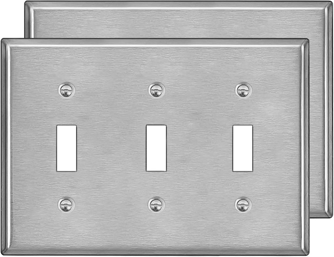 BESTTEN 2 Pack 3 Gang Toggle Switch Metal Wall Plate with hite or Clear Plastic Film, Industrial Grade Stainless Steel Material, Standard Size 4.50" x 6.38", Brushed Finish, Silver