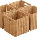 Foldable Storage Baskets with Handles Paper Rope Storage Baskets Rectangle Collapsible Hand Woven Storage Cubes Bins for Organizing Shelves Living Room Bedroom Pantry (4, 11'' x 11'' x 11'') (Natural)