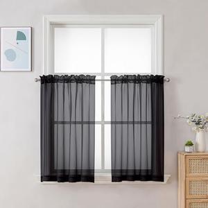 Chyhomenyc Black Sheer Curtains 30 inch Length 2 Panels, Light Filtering Voile Rod Pocket Short Window Curtians for Bathroom Living Room Farmhouse Small Windows, 42"Wx30"L inches