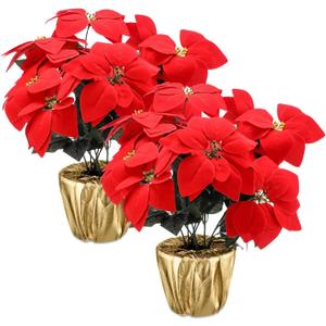 2 Sets 18.5" Christmas Poinsettia Artificial Flowers Potted with Gold Pot Bags Desktop Plants for Home Garden Table Centerpiece Window Gift Holiday Xmas Decor