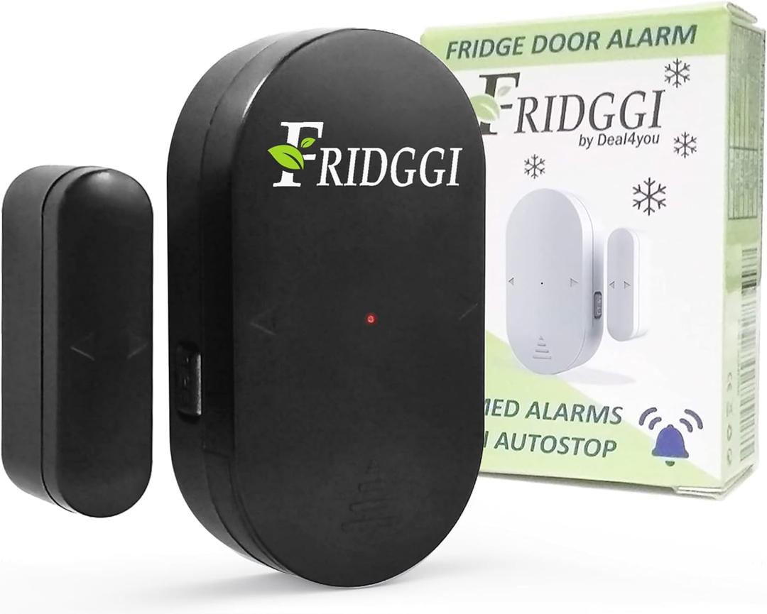 Fridge Door Alarm with 60 Second Delay, 2, 3, and 4 Minute Reminders, Freezer Door Chime, Low/Loud 80 to 110 dB  Compact Size. (Black)