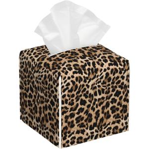 Leather Tissue Box Holder Leopard Print Tissue Box Cover Square Waterproof Tissue Holder Organizer Modern Napkin Holder for Bedroom Dresser Night Stand Office Desk