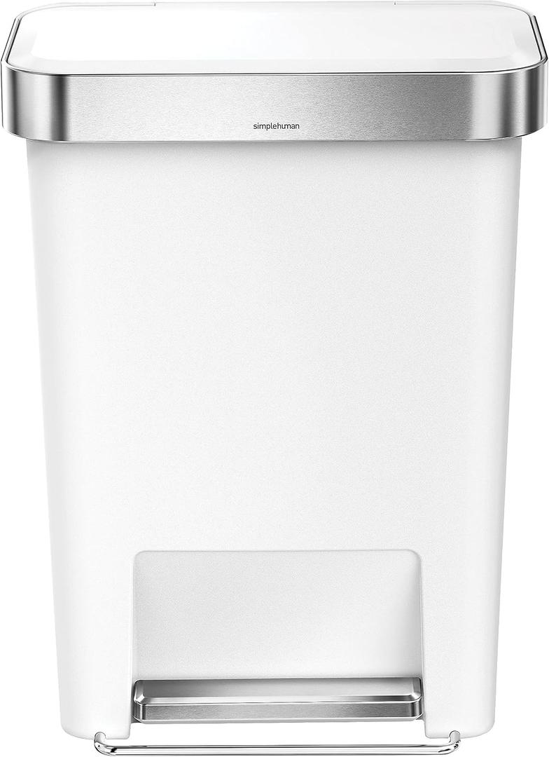Simplehuman 45 Liter / 12 Gallon Rectangular Kitchen Step Trash Can with Soft-Close Lid, White Plastic