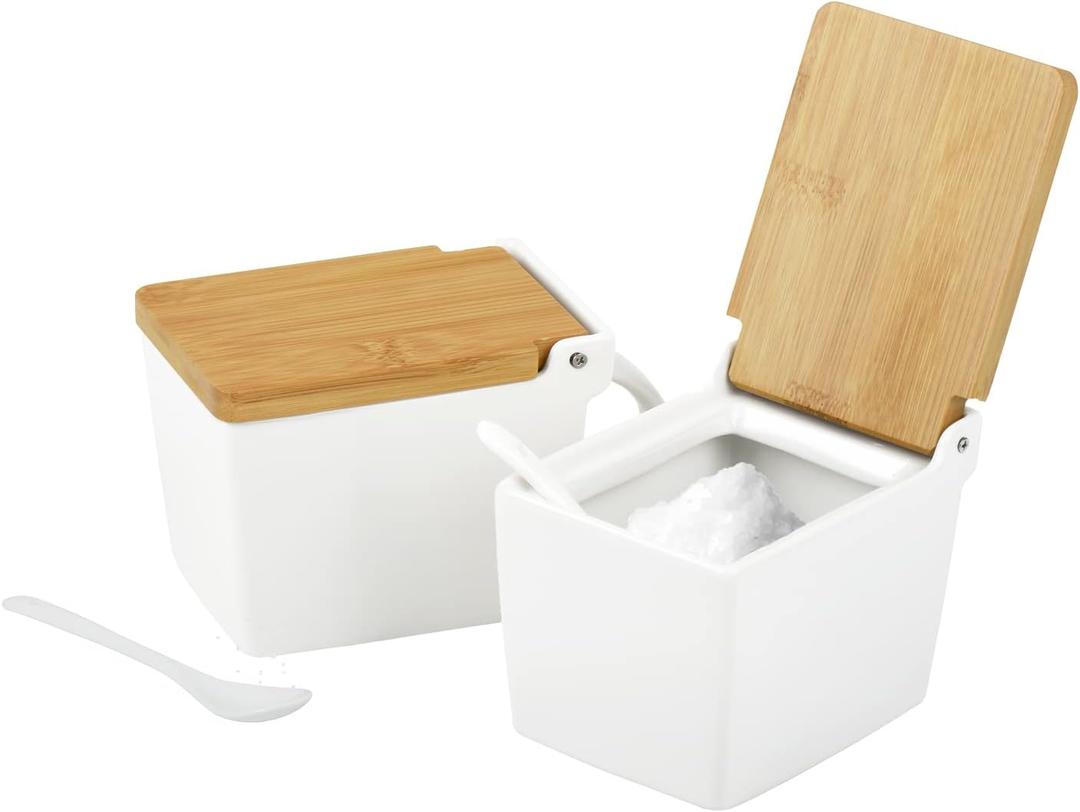 Impresa 2-Pack Japanese-Style Salt Box - Moisture-Barrier Lid Salt Cellar with Hinged Lid for Minimalist Decor & Kitchen Decor - Easy-Access Serving Container with Spoon - White Ceramic