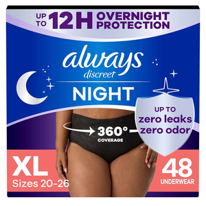 Always Discreet Adult Incontinence Overnight Underwear for Women, Extra Large, Up to 100% Bladder Leak Protection, 48 Count (3 Packs of 16)