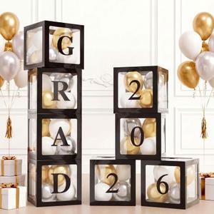 Ledido 2026 Graduation Balloon Boxes Decorations, 4 Pieces Black Clear Grad Balloon boxes with Letters, Class of 2026 Graduation Party Supplies for College, High School, Prom, Birthday, Baby Shower