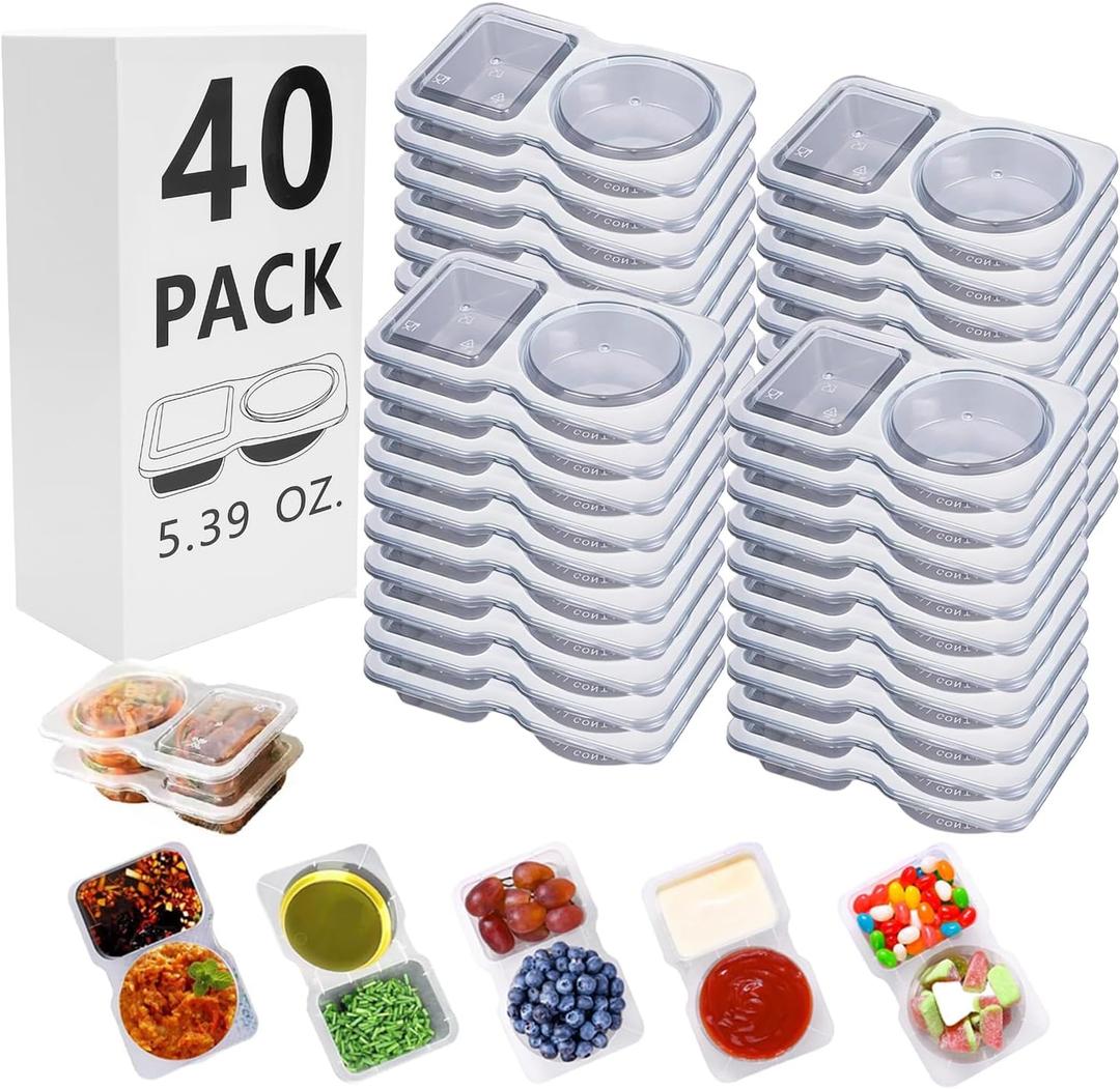 40 Sets Reusable Snack Containers Bulk , Double Compartment Snackle Box Container with Lids - Leak-Proof BPA-Free Food Storage, Condiments Portion Control Dip Cups for Kids School Lunches, Meal Prep (Transparent 40-pack)