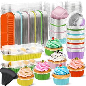 Blushtier 55 Pcs Mini Loaf Pans with Lids and Spoons 6.8 oz Rectangular Aluminum Foil Baking Pans Mini Cake Tins for Bread Desserts(Pastel Color, Rectangle and Circle Style)
