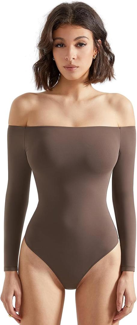 SUUKSESS Women Off the Shoulder Long Sleeve Bodysuit Double Lined Thong Bodysuit (Brown, Small)