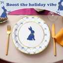 Qinyoung 50 Pcs Easter Bunny Disposable Plates 9 Inch Blue Rabbit Paper Plates Retro Gold Round Bunny and Bow Easter Dinnerware for Spring Baby Shower Birthday Party Table Supplies