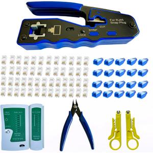 Rj45 Crimp Tool Kit Pass Through and Standard Cat6 Cat6A Cat5 Cat5e rj45 Crimping Tool with 50pcs rj45 Cat6 Pass Through Connectors, 20pcs Covers, 1 Network Cable Tester, 2 Wire Strippers, 1 Cutter