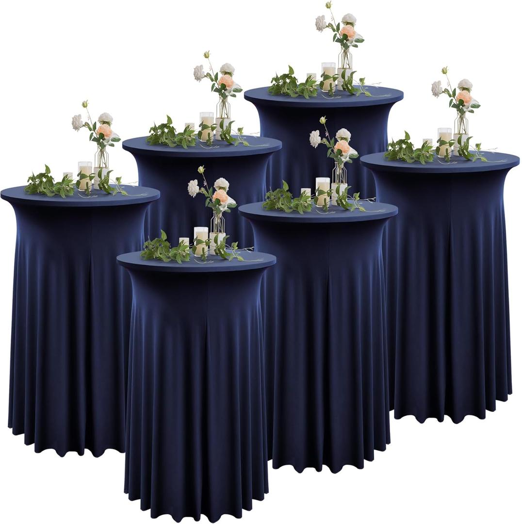 6 Pack Round High Top Navy Blue Spandex Cocktail Tablecloth - 36x43 inch, Stretch Wrinkle Free, Ideal for Cocktail Party, Bar, Wedding & Baby Shower