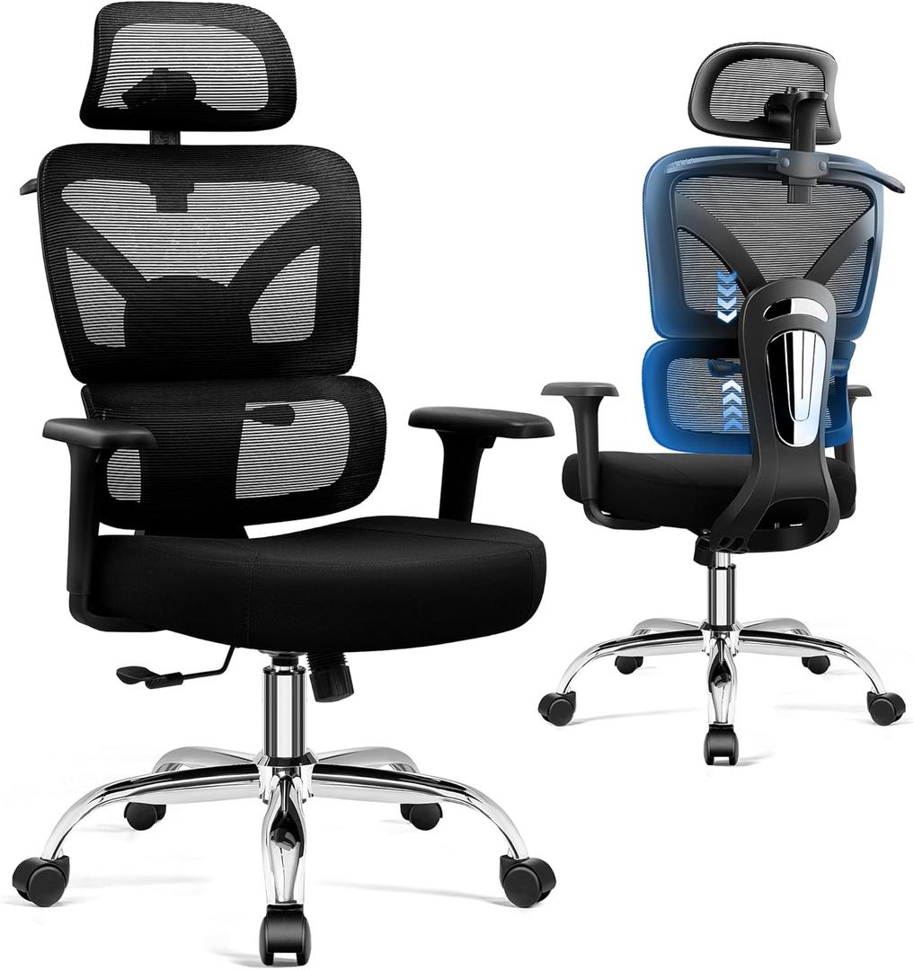 Ergonomic Office Desk Chair, High Back Mesh Office Chair with Adjustable Lumbar Support, 3D Headrest, Big and Tall Home Computer Desk Chairs Comfy for Work, Gaming, 300lbs, Black (1 Pack)