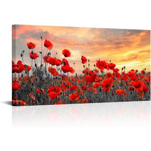 NutArtPic Red Poppy Flower Canvas Wall Art Red Floral Pictures Wall Decor Nature Floral Painting Sunset Picture Prints Framed 20''X40''