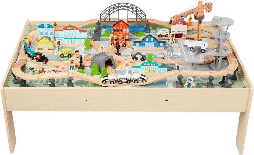Amazon Basics 120 Piece Wooden Train Set with Activity Table, Sturdy Tracks, Storage Bin, Easy to Assemble, Kids Gift for Age 3Y+, 47.44 x 33.46 x 16.14 in
