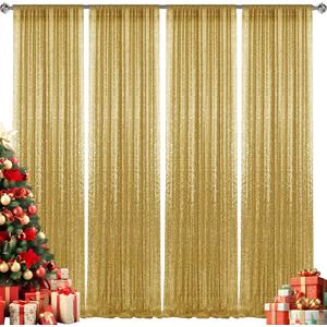 2×8FT-4PCS Gold Sequin Backdrop Curtains Panels, Photography Backdrop Glitter Curtains Fabric Background for Christmas Wedding Party Decor