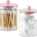 TIPGO Glass Qtip Holder Dispenser for Bathroom - 10 oz Clear Canister Apothecary Jar for Cotton Swabs, Balls, Pads, Floss Picks, Small Containers for Makeup Storage Organizer (2 Pack, Pink)