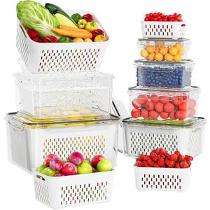 6 Pcs Large Fruit Containers For Fridge, Airtight Food Storage Containers with Removable Colander, Dishwasher & Microwave Safe, Berry Produce Container Keep Vegetable, Fruit, Meat Fresh Longer