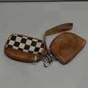 Checkered Dual Pouch Keychain Wallet for Women, Small Mini Zip Leather Coin Purse with Wrist Strap,wristlet hangbags, Brown