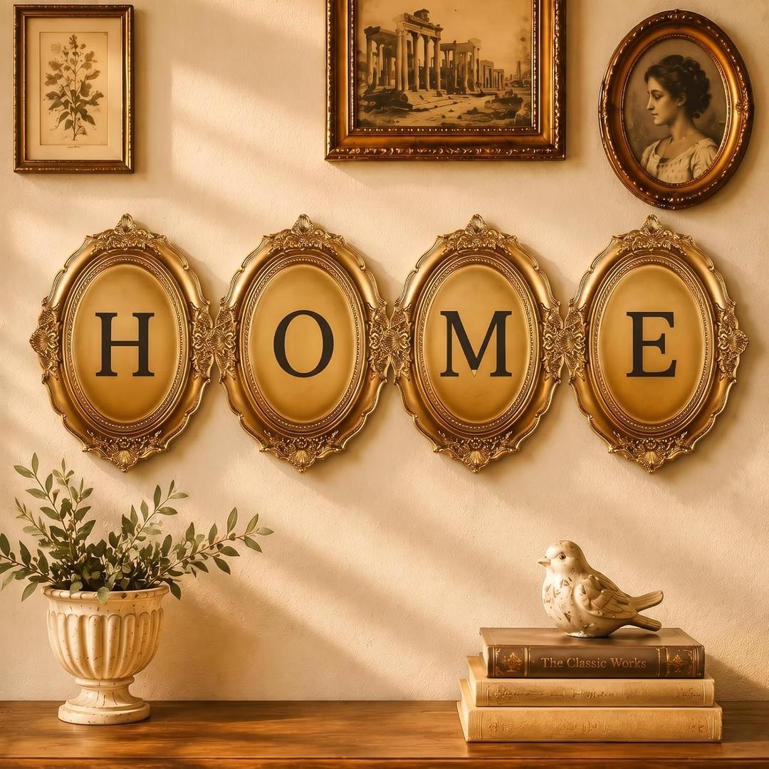 Sieral Home Vintage Wall Decor - Set of 4 Individual Antique Gold Letters, Vintage Frame Wall Sculpture Retro Baroque Style, Gallery Wall-sculpture for Living Room, Hall, Elegant Wall-decor, 6.3 × 8.07 inches