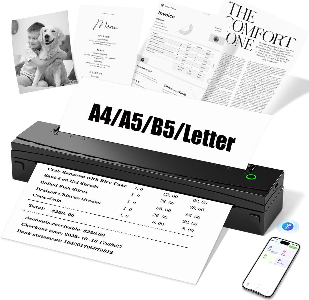 NDYIN Portable Printer Wireless for Travel, D80 Thermal Printer, Inkless Printers, Compatible with iOS, Android, Laptop, Supports 8.5" x 11" US Letter & A4 & A5 for Home Use, Office, Vehicles, Black