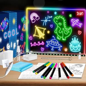 16" Led Drawing Board for Kids with 18 Tracing Pages - 4 Modes & Acrylic Led Note Board with 7 Colors, Light up Magic Boards for Art, Birthday & Valentines Day Gifts for Teenage Girls & Boys, Black