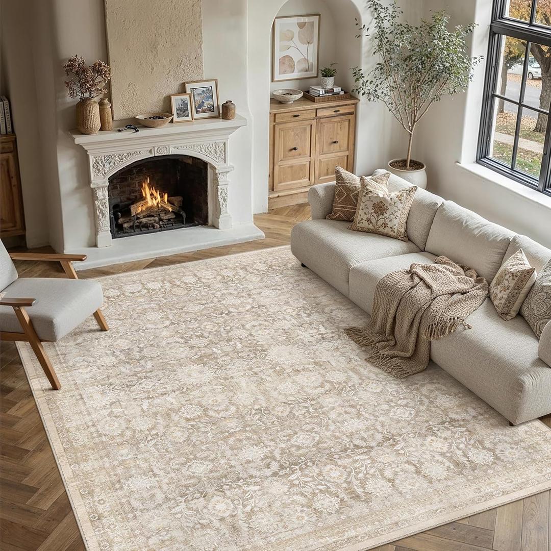 6x9 Beige Washable Neutral Area Rug Living Room Floral Non Slip Low Pile Throw Rug Vintage Traditional Stain Resistant Carpet Bedroom Kitchen Dining Room Office Playroom
