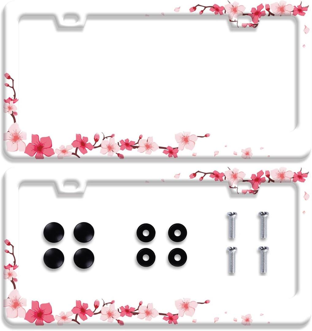 2Pcs Beautiful Cherry Blossom License Plate Frames Personalise Floral License Plate Frame Car Accessories Cars Decor with 2 Holes and Screws Fits Standard US Vehicles Size: 12.2 x 6 Inch