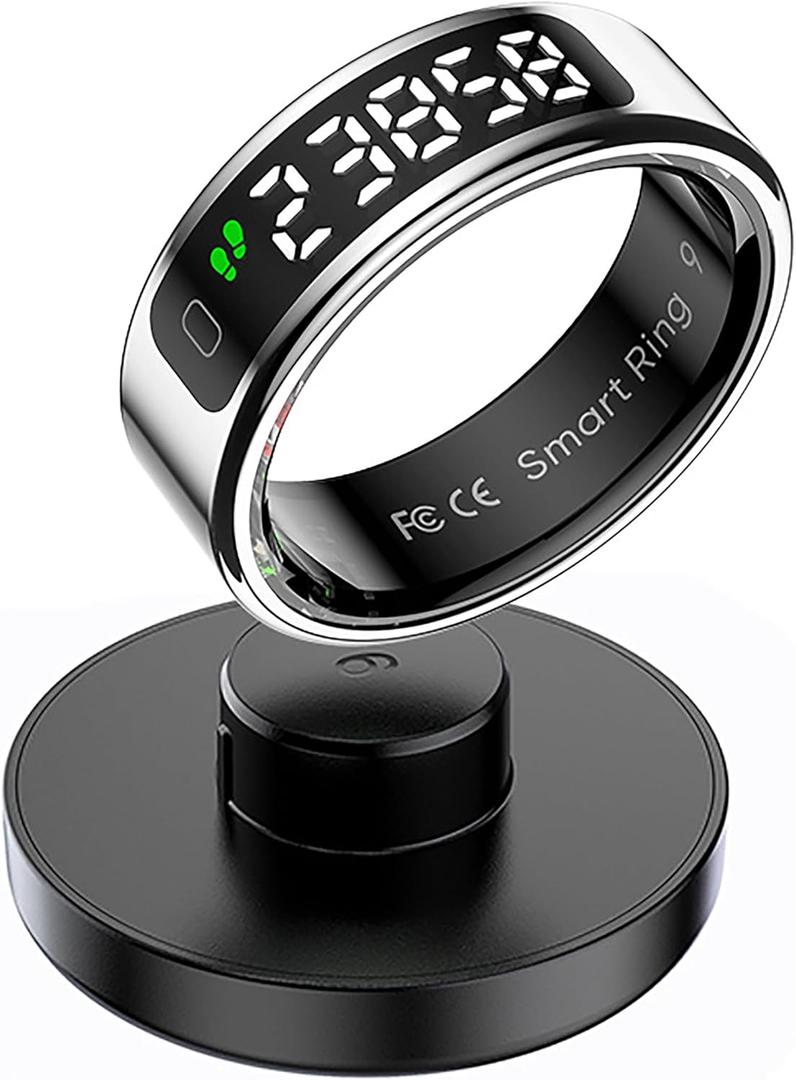 Smart Health Ring Fitness Tracker Ring with Screen Data Display Smart Rings for Women Men Heart Rate Monitor Sleep Tracking Exercise Tracker Smart Rings for Android iOS Phones Wireless Charging