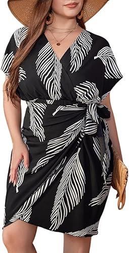Women's Plus Size Leaf Print Dress V Neck Wrap Tie Side Short Sleeve Boho Short Dress, Oversized, Size 4XL
