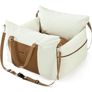 Dog Car Seat for Small Dogs - Waterproof Pet Booster Seat for Car with Clip-On Safety Leash, Soft Travel Carrier for Puppy up to 25 lbs, Memory Foam Filling and 2 Adjustable Buckles, Beige