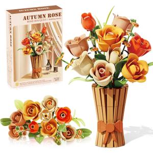 Flowers Set with Vase for Adults Compatible with Lego Flowers, Icon Roses Bouquet Botanical Collection Kits Artificial Flower Set, Valentines Birthday Gifts, Home Office Decorations 14+