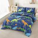 Twin Dinosaur Comforter Set for Boys 5 Pieces Cartoon Dinosaur Bedding Set Dark Blue Dino Bed in A Bag for Kids Teens Soft Fluffy Bed Set All Seasons(Dark Blue Dinosaur, Twin)