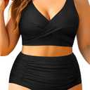 Aqua Eve Women Plus Size Two Piece Swimsuit High Waisted Bikini Set Tummy Control Bathing Suit Black, 12W