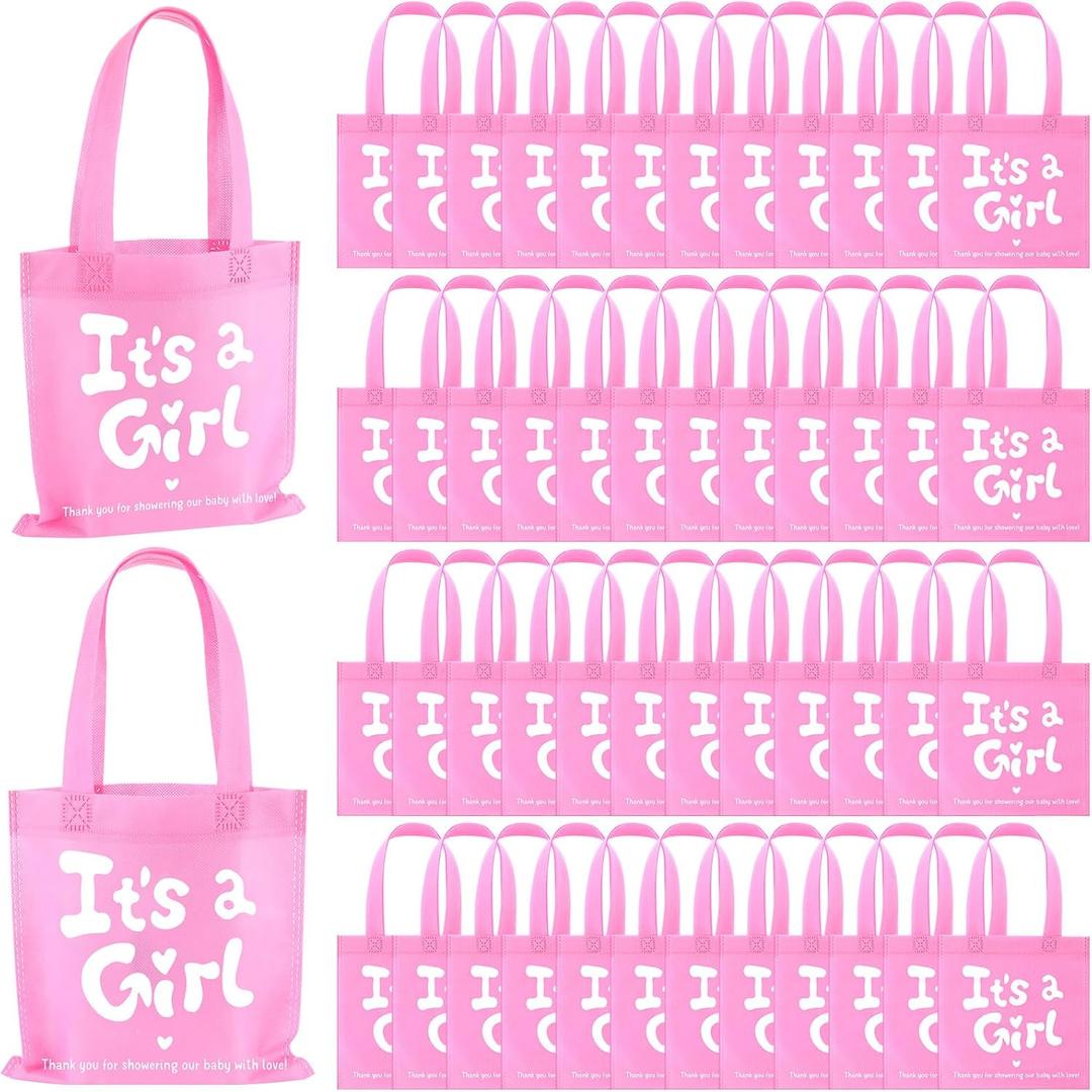 Sweetude It's a Girl Baby Shower Favor Bags Non Woven Treat Tote Bags with Handles Gender Reveal Party Supplies Thank You Gift Bag for Guests