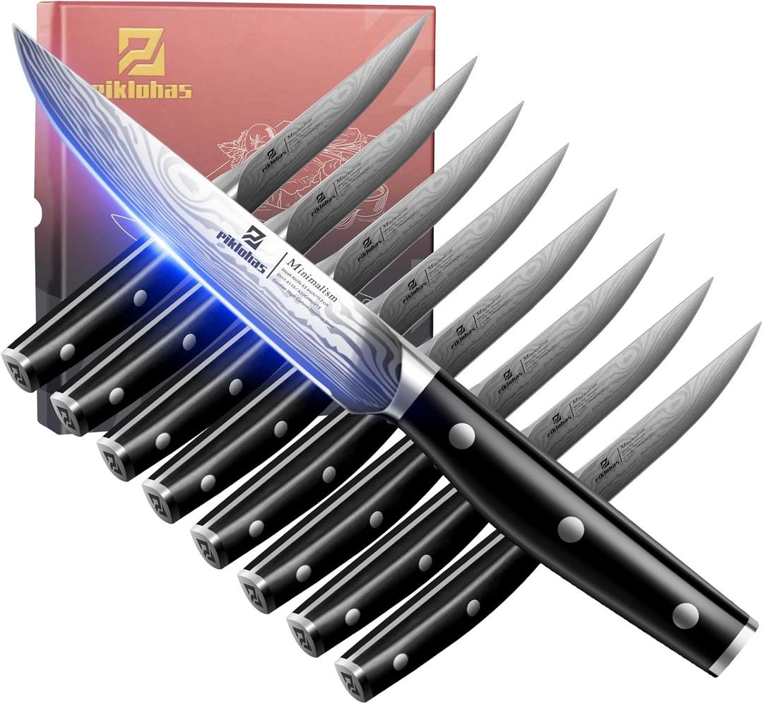Steak Knives Set of 8, 4.5 Inch Non Serrated Dinner Knife, Forged German Steel Damascus Pattern Straight Edge Meat Knife with Full Tang Handle, Dishwasher Safe, Ideal for Gift (Black)