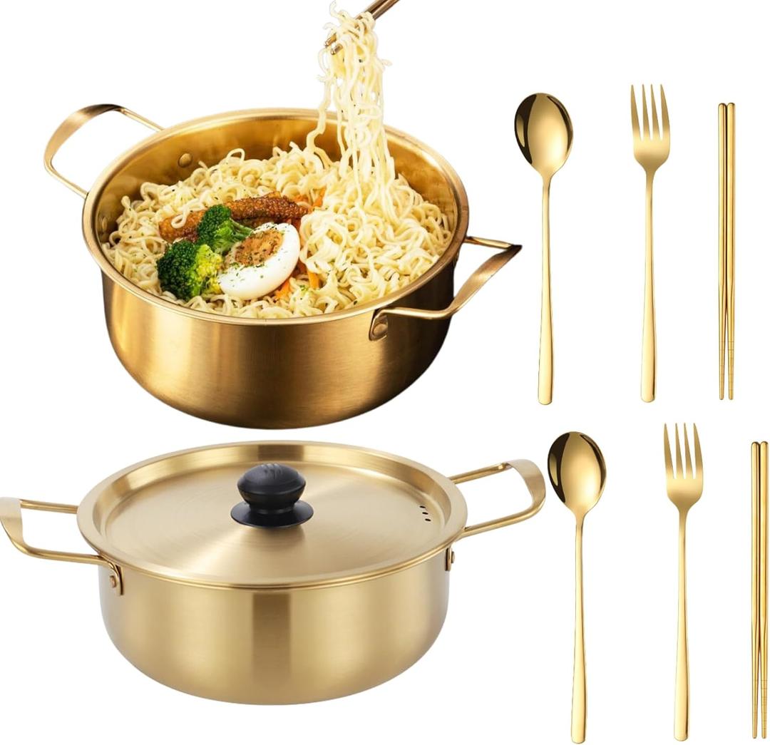 Korean Ramen Pot With Lid, 2 Pack Korean Noodle Cooker, Korean Pot Stainless Steel Cooking Pot for Soup, Pasta, Dishwasher Safe (7", 7.9")