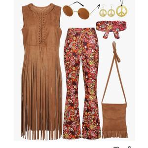 SOMSOC 7 Pieces 70s Women Hippie Costume Fringe Vest Bag Pant Headband for Halloween (XL)