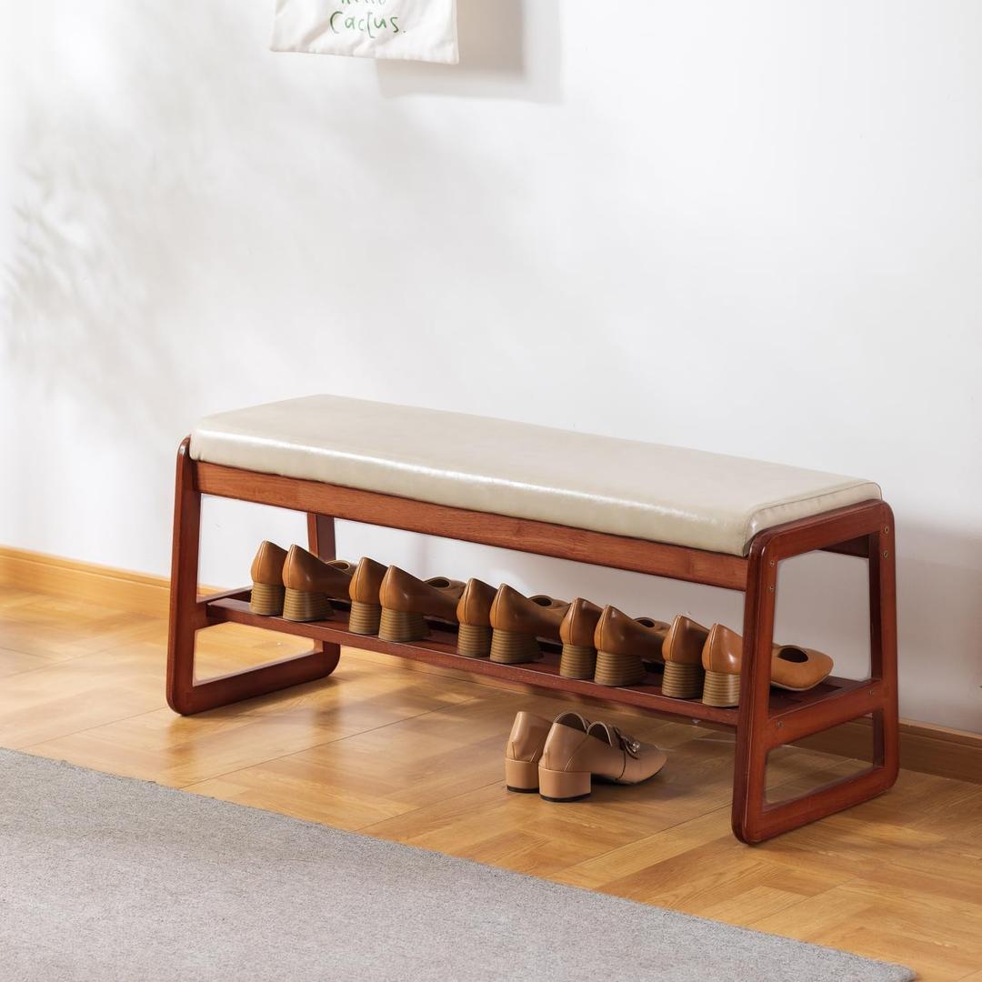 2-Tier Wooden Shoe Bench 39.4" - Entryway Storage Organizer with Padded Seat, Rustic Brown Shoe Rack for Hallway, Closet, Bedroom, Rubber Wood