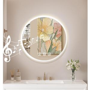 Mirror with Lighting, 50 cm Bathroom Mirror Round with Lighting Bathroom Mirror with Anti-Fog, Bluetooth, 3 Light Colours LED Bathroom Wall Mirror with Touch Switch, Bathroom Mirror with Light