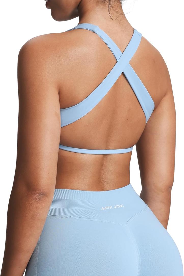 Aoxjox Women's Workout Sports Bras Square Neck Emma Cross Back Fitness Training Gym Bra Yoga Crop Tank (Airy Blue, XS)