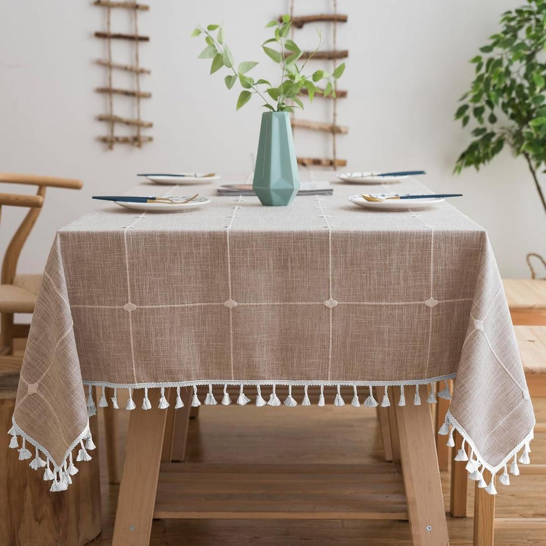 Oubonun Tablecloths for Rectangle Tables, Cotton Linen Waterproof Farmhouse Table Cloth with Boho Tassels  Wrinkle Free, Wipeable & Washable for Kitchen & Dining, 55''x120'', 10-12 Seats (Light Coffee Plaid)