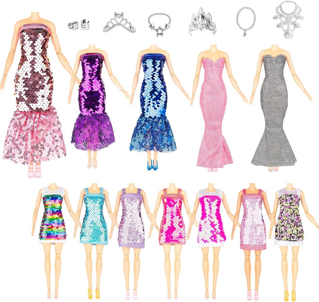 Glitter Sequin Mermaid Doll Clothes and Accessories - 12 Sequin Sparkly Glitter Party Club Dress, 2 Different Crown Ornament and 3 Beautiful Necklace, 2 Wide Bracelets, 10 Shoes, 29 Gift Set