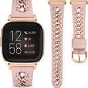 Minyee Leather Band Compatible with Fitbit Versa 2/Fitbit Versa/Versa Lite Bands Women, Dressy Premium Leather Designer Strap with Stainless Steel Metal Chain for Versa 2 Smartwatch Accessories (Pink/Rose Gold)