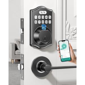 keyless Entry Front Door Lock Set: Smart Deadbolt with Lever Handle (Fingerprint/Code/Keypad/Digital) Auto-Lock & Easy to Install for Home Entrance & Family Users (Black)