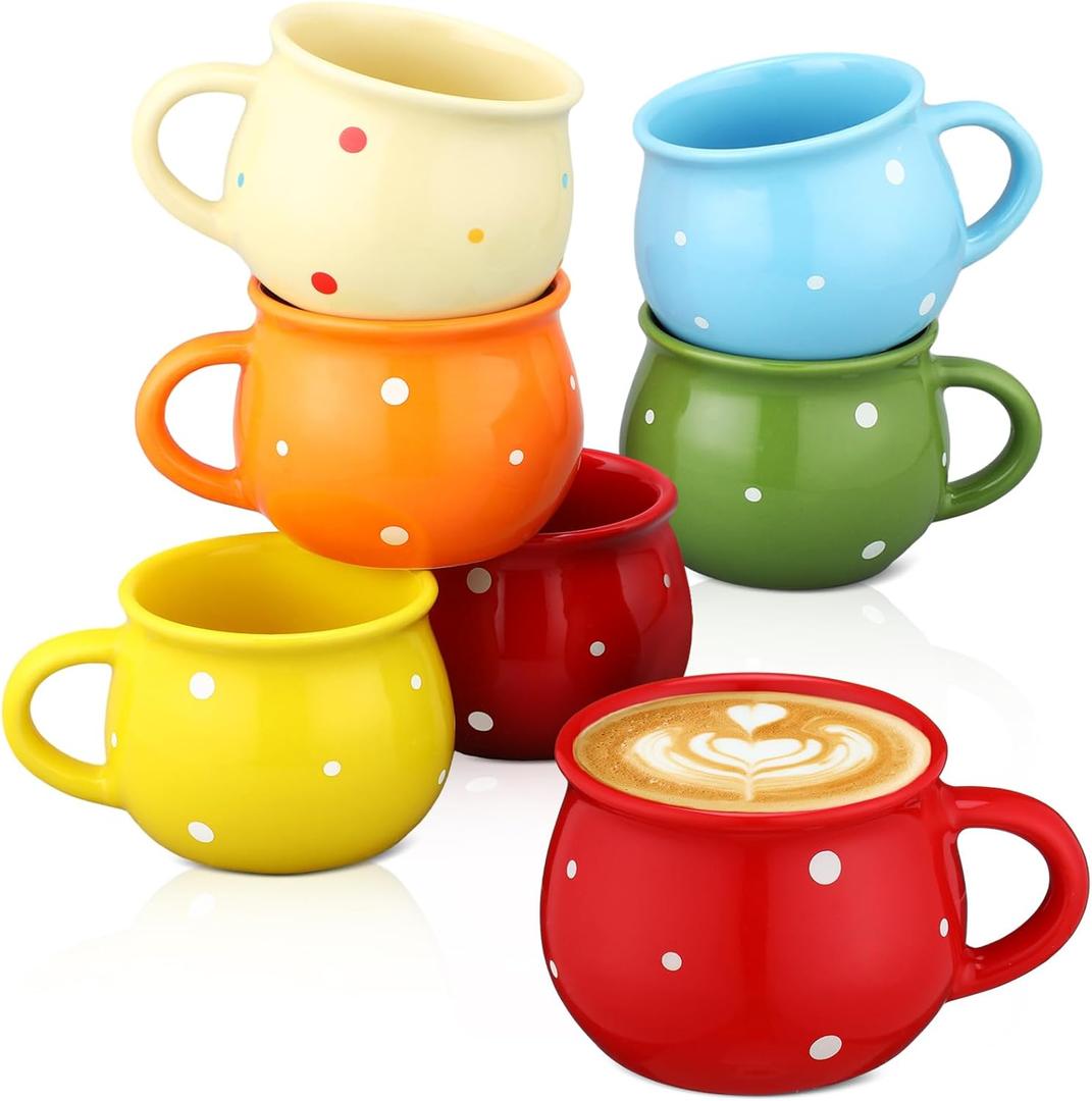 Sliner 6 Pcs Polka Dot Creative Coffee Mugs 10 oz Hot Chocolate Mugs Flat Bottom Coffee Cups with Handle Ceramic Porcelain Dinnerware for Kids Birthday Gift, Assorted Color