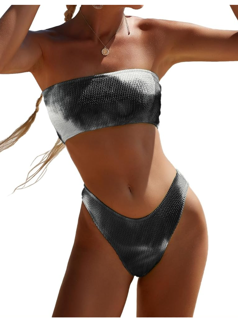 YIMISAN Women's Two Piece Bandeau Swimsuit Ribbed Strapless Tube Bikini Top with Mid Waist Cheeky Bottom Bathing Suit M